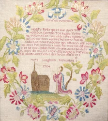 Stickmuster mit dem Vaterunser auf Französisch über einer knienden Figur, gearbeitet von Mary Laughton, 1704